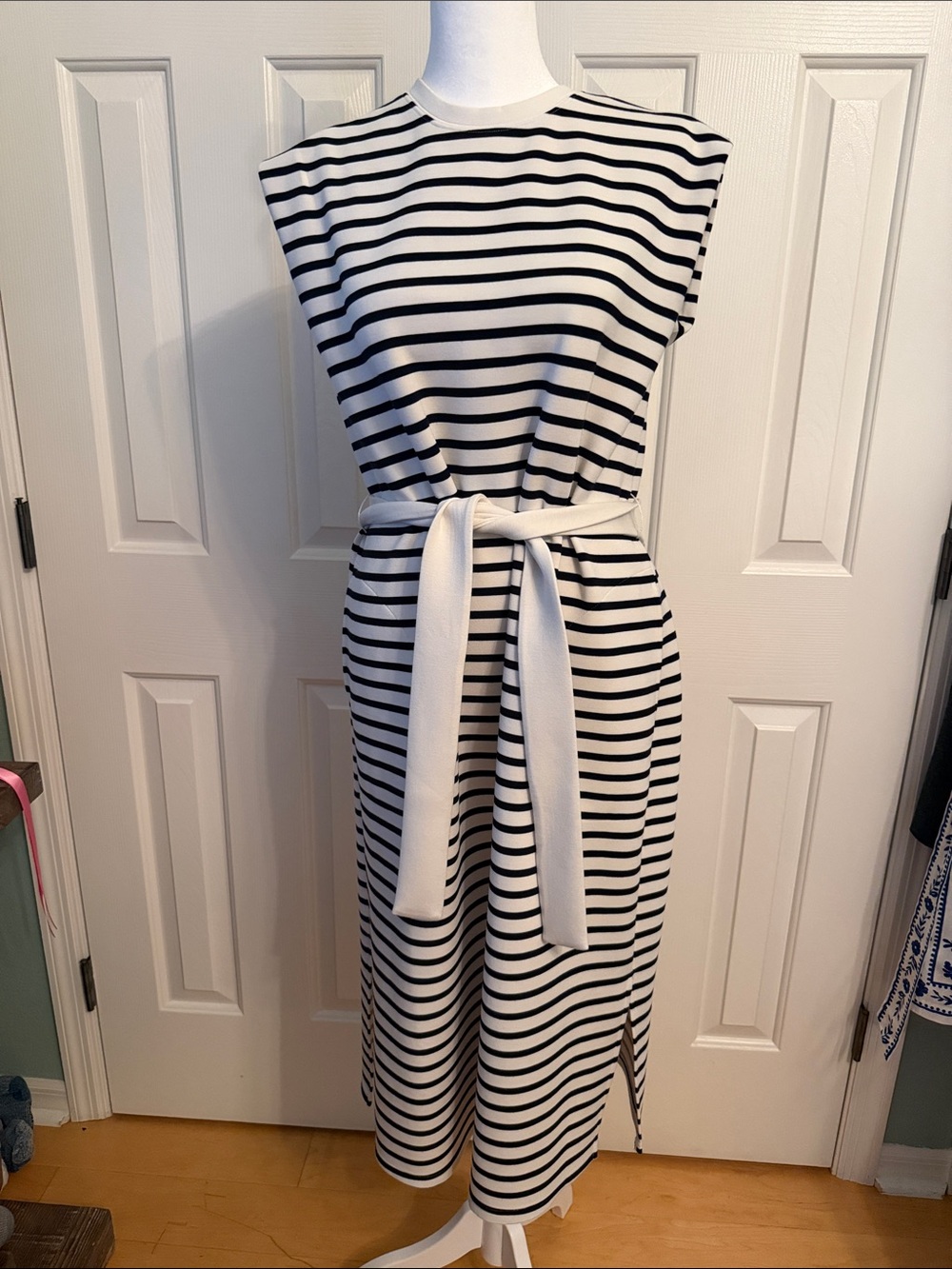 SPANX Black and White Striped Midi Dress with Tie Belt